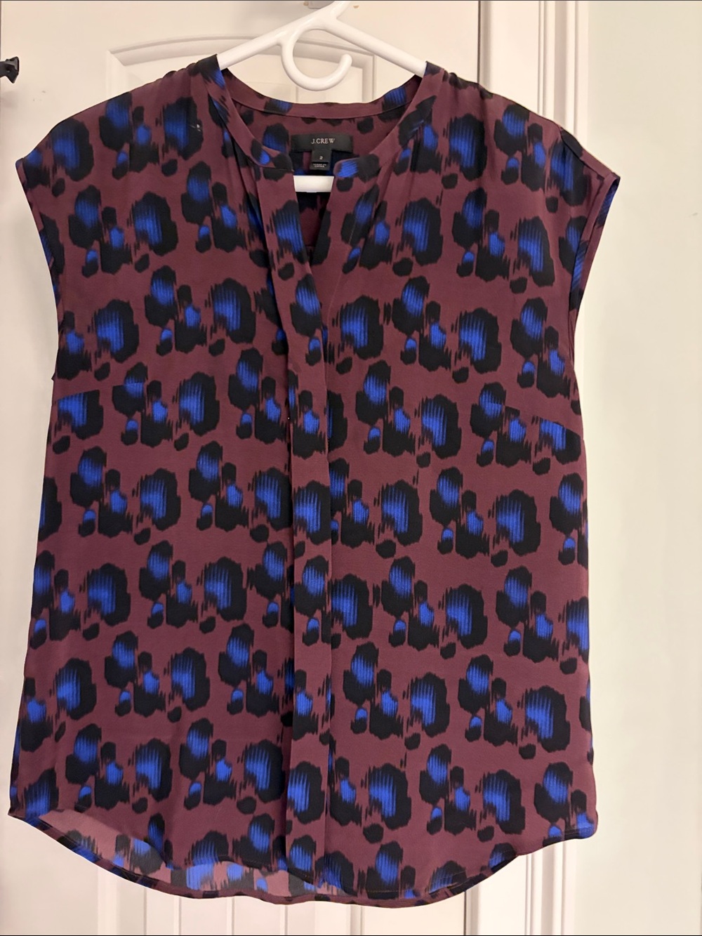 J. Crew Plum Cap-Sleeve Blouse with Blue Leopard Print